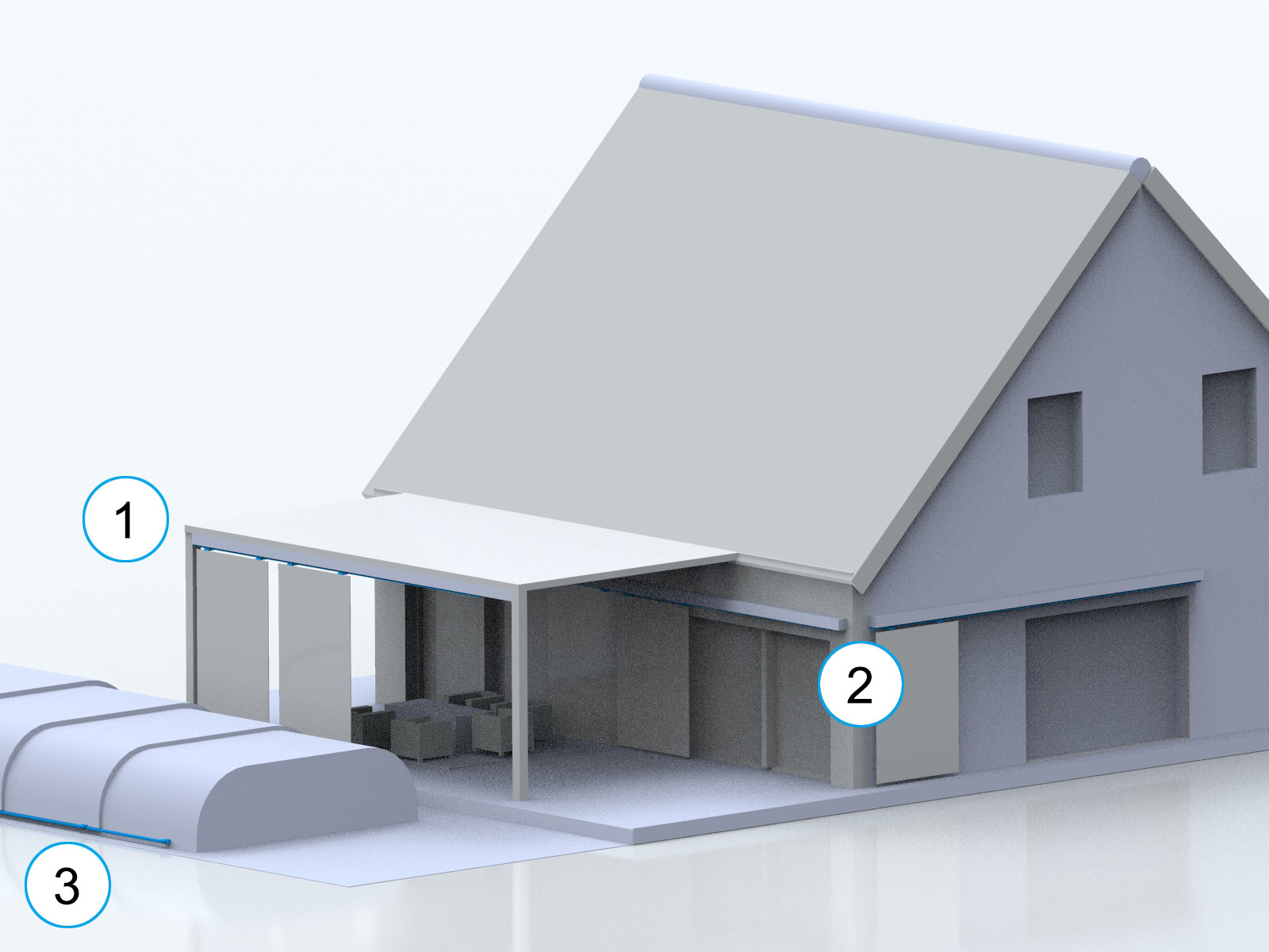 Außenansicht eines Wohngebäudes mit verschiedenen Einsatzmöglichkeiten für Lineartechnik.